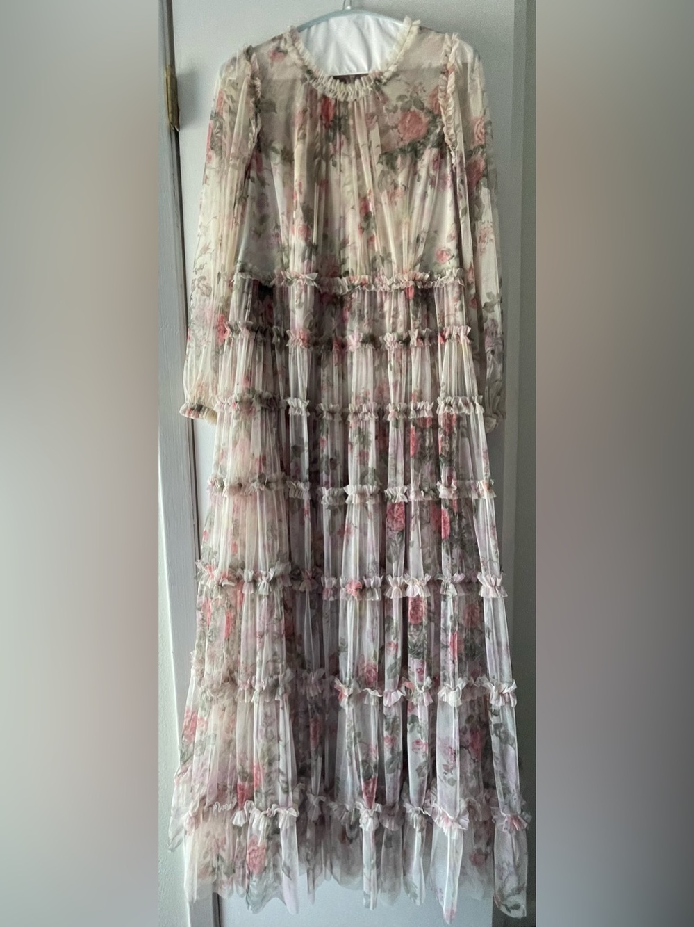 NEEDLE & THREAD SHEER FLORAL SWAN FULL LENGTH TULLE TIERED DRESS GOWN - SIZE 16